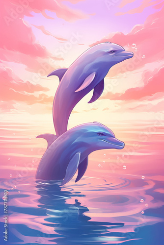Two dolphins are jumping out of the water in a pink and purple sky
