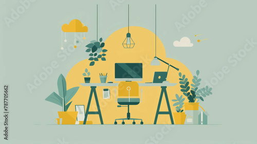 Explore the serene ambiance of a modern home office theme in this simple flat illustration, featuring a calm color palette and tasteful design elements, AI generative. photo