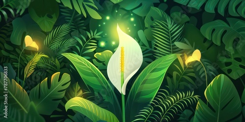 A digitally created image featuring a radiant tropical plant surrounded by a variety of dense, green foliage with a magical, enchanting ambiance photo