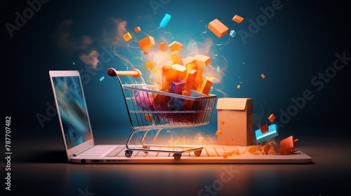 E-commerce Essentials Shopping Cart and Laptop Illustration photo