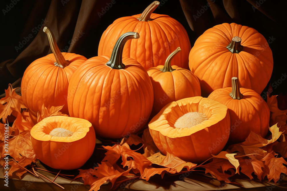 A painting of pumpkins and leaves with one pumpkin missing