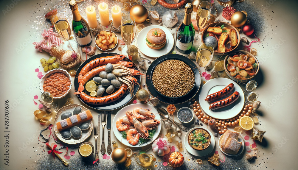 Top-down view of a festive Italian New Year's Eve dinner scene, featuring lentils, cotechino, seafood, Prosecco, and celebratory decorations