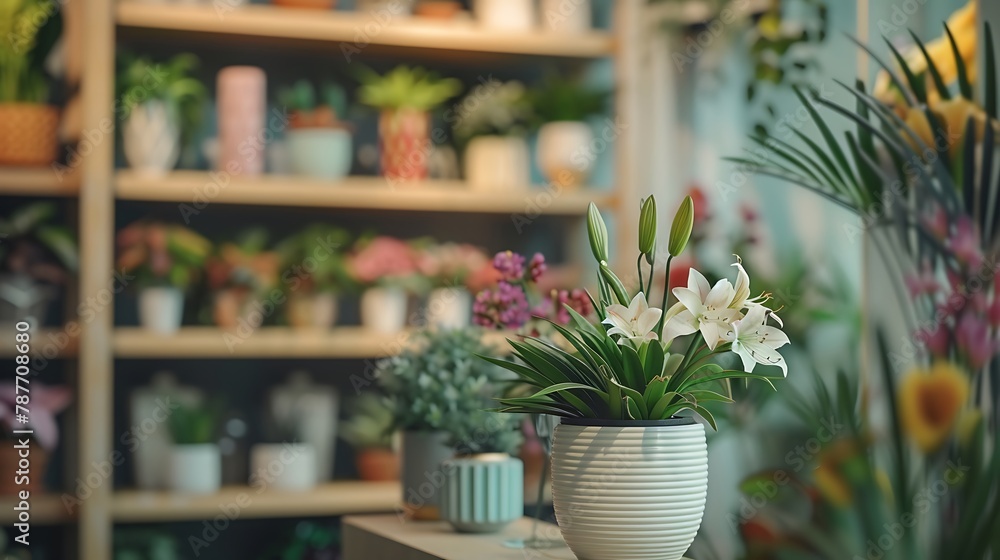 View of assortment of decor for interior shop in store of shopping center. View of shelving with flower pot, home plant, flowers. View of home accessories for interior in shop fashion retail ...
