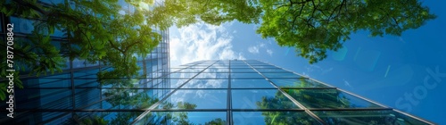 Modern environmentally friendly buildings that reduce carbon dioxide  sustainable green buildings. Trees reduce carbon dioxide. Green office environment.