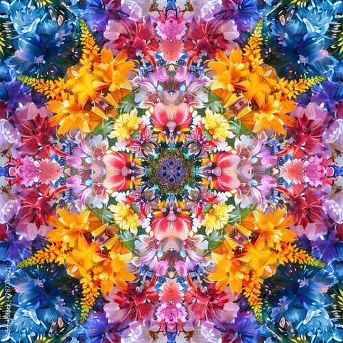 Vibrant and bold colorful kaleidoscope created from many different flowers.