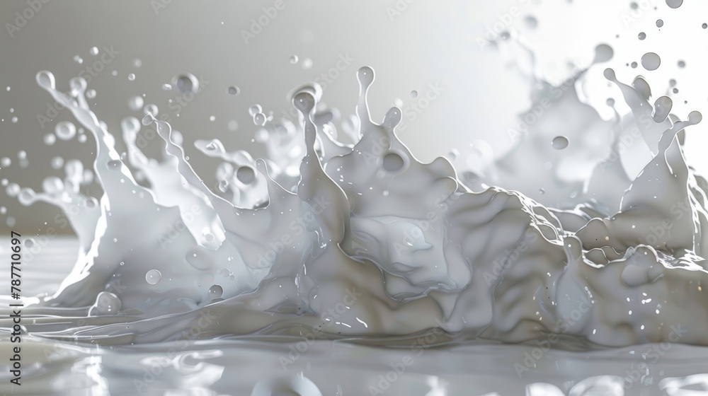Dynamic splash of white milk frozen in motion on a creamy backdrop


