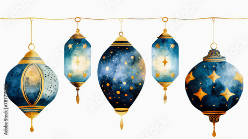 Five hanging lanterns with celestial designs in blues and golds, evoking a sense of mystical night-time ambiance.