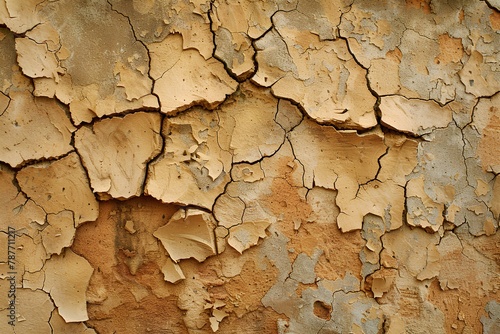 A close up of a peeling paint on a wall with a clock on