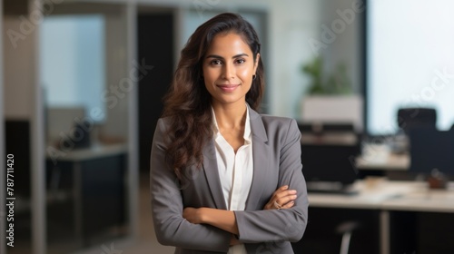 Hispanic smiling toothy Latino Indian successful confident Arabian businesswoman worker lady boss female leader girl business woman posing crossed hands