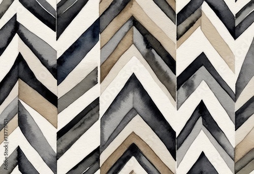 pattern of chevron in different shades of gray, overlaid with a stylish multicolored painting of a skyscraper.