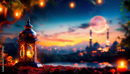 A traditional lantern illuminating amidst rose petals with moonlit mosques in the background, evoking a peaceful, festive Ramadan evening.