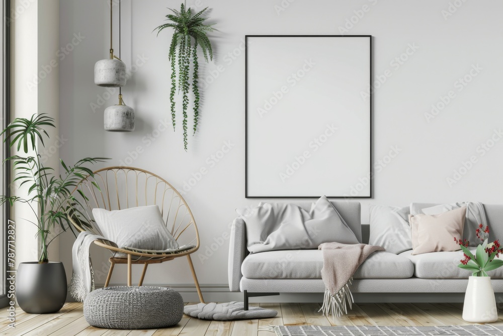 Modern scandinavian interior with poster mockup created with generative ai Modern scandinavian interior with poster mockup created with generative ai