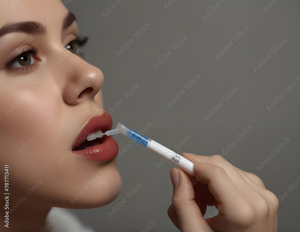 Obraz premium Doctor's hand taking Saliva test from young woman's mouth with Cotton Swab. Coronavirus Throat sample Collection. Close-up views. 