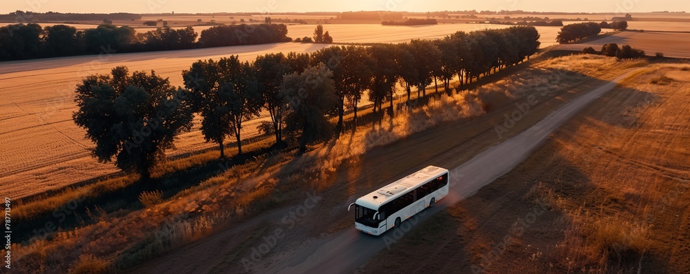 white bus traveling with countryside view at sunset