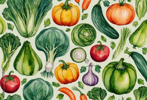 modern wallpaper with a pattern of vegetables in various shades of green  overlaid with a stylish multicolored painting of a kitchen