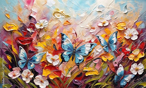 Colorful abstract oil acrylic painting of colorful butterflies flying in the poppy flower fields on the hill  pallet knife on canvas  wide angle view  blue sky