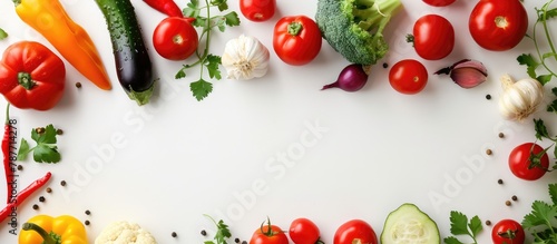 Fresh veggies arranged on a white background with room for text. Viewed from above.