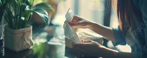 a woman is picking up tissue paper photo