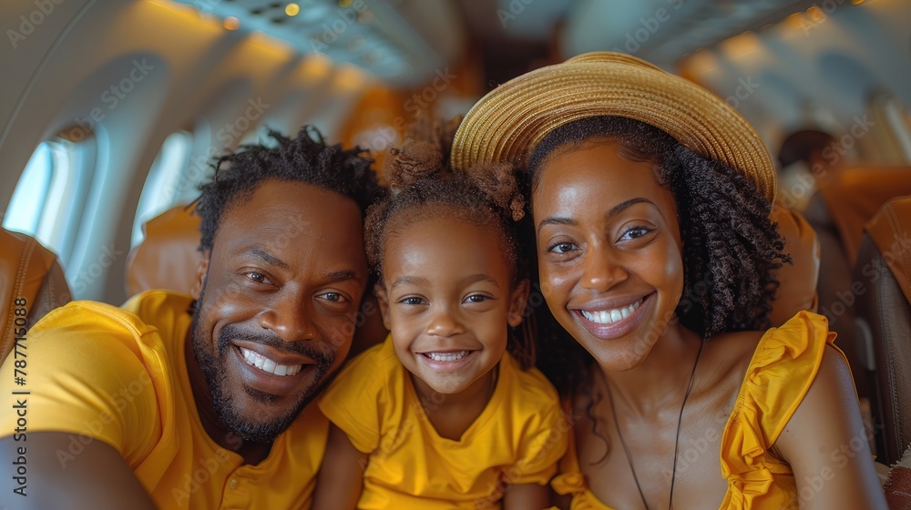 happy family with parents and kid in a yellow t-shirt and straw hat in aircraft cabin. Summer travel concept. happy family with parents and kid in a yellow t-shirt and straw hat in aircraft cabin. Summer travel concept.