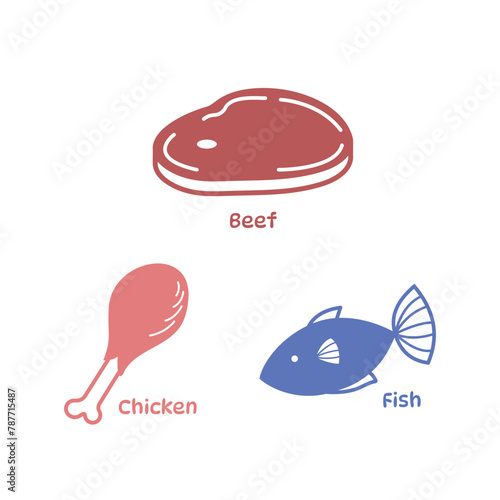 Chicken, beef, and fish meats source of protein raw food ingredients silhouette monochrome illustration icon isolated on square white background. Simple flat cartoon styled drawing.
