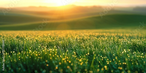 Morning sunlight falls on lush green grass in dew. The dew sparkles like a diamond in the soft light. Generative AI