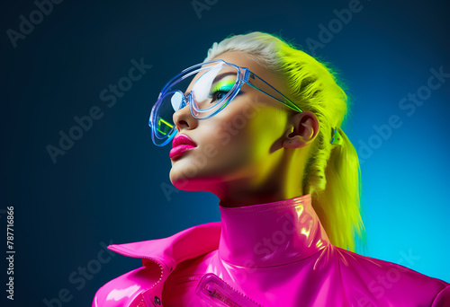 Futuristic neon fashion and fluorescent vibrance color and showing glossy chrome texture of clothes.cyber punk stylish design