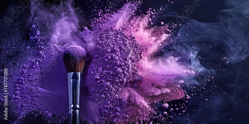 A close shot of purple powder explosion with makeup brush with a dark backdrop with a big space for text or make up product advertisement, Generative AI.