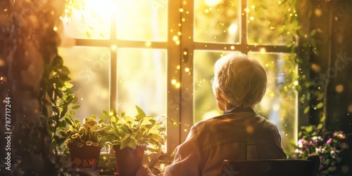 An elderly woman sits peacefully, looking out of a window adorned with vibrant plants, basking in warm sunlight that filters through the glass