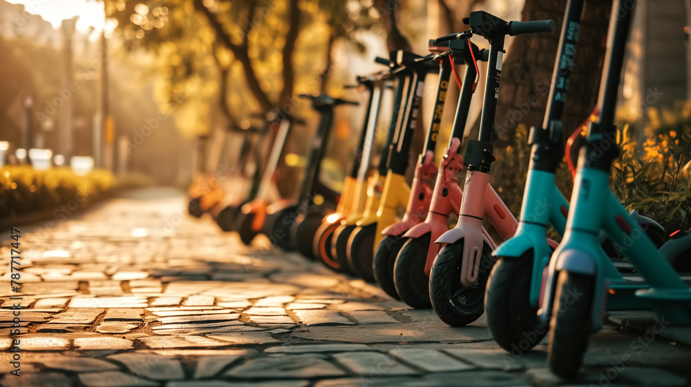 Row of colorful electric scooters for rent on a sunny city sidewalk. Eco-friendly transportation concept with copy space for design and print. - obrazy, fototapety, plakaty 
