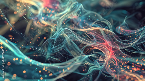 Digital art presenting an abstract visualization of neural network synapses with interconnected lines and glowing particles, depicting cognitive processes. 