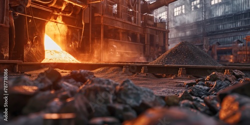 Intense industrial scene with hot molten steel flowing in a foundry, representing heavy industry and manufacturing
