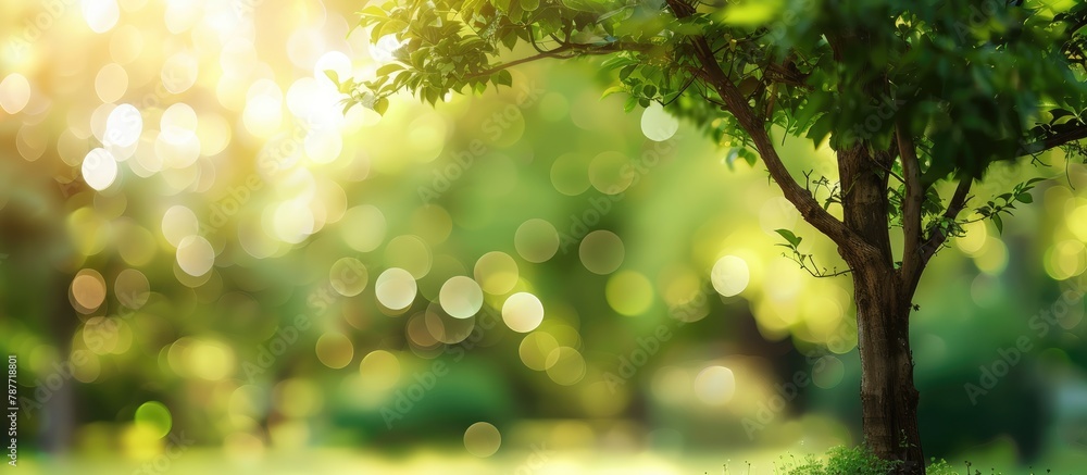 Blurred park garden tree surrounded by natural background with soft green bokeh lights outdoors during the summer. Blurred park garden tree surrounded by natural background with soft green bokeh lights outdoors during the summer.