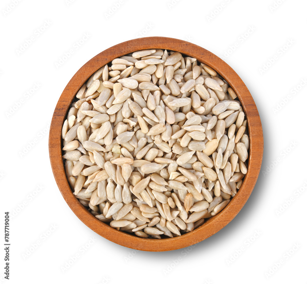 Dry Fruit Sunflower Seeds in wood bowl isolated on white background