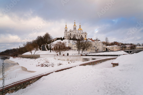 View of the Assumption Mountain, the Holy Spirit Monastery and the Holy Assumption Cathedral on the banks of the Western Dvina and Vitba rivers on a winter day, Vitebsk, Belarus