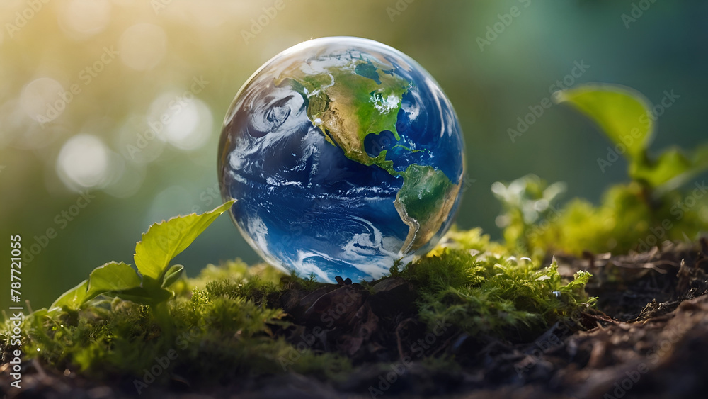 Blue marble earth on top of green plants and soil, planet earth / earth day / nature concept Blue marble earth on top of green plants and soil, planet earth / earth day / nature concept