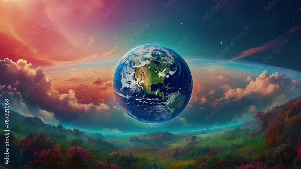Planet earth floating in a colorful and ethereal background above a green and red forest Planet earth floating in a colorful and ethereal background above a green and red forest