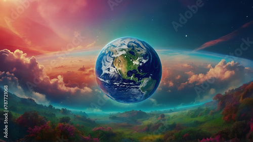 Planet earth floating in a colorful and ethereal background above a green and red forest © QuasarCR