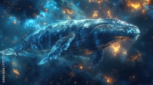 A blue whale swimming in space with stars and a colorful nebula in the background. © Orawan
