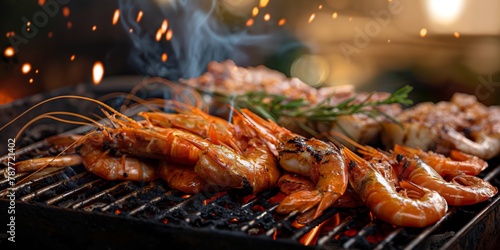Succulent shrimps being grilled to perfection over an open flame barbecue, with an inviting smoky aroma filling the air