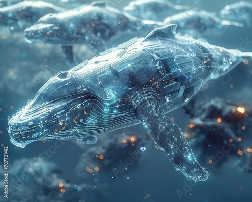 A pod of whales made of glowing blue technology swim through the depths of the ocean.
