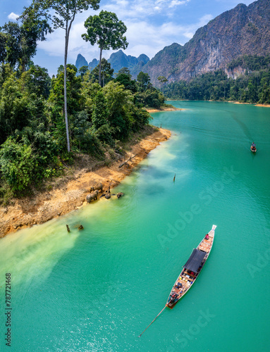 Encounter with a family of wild elephants in Khao Sok national park, on the Cheow lan lake in Surat Thani, Thailand