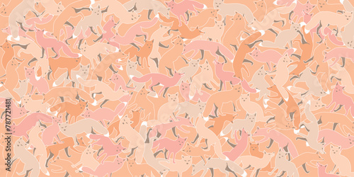 Fox pattern background monochromatic of peach tones, pink and beige with white color outline vector illustration.