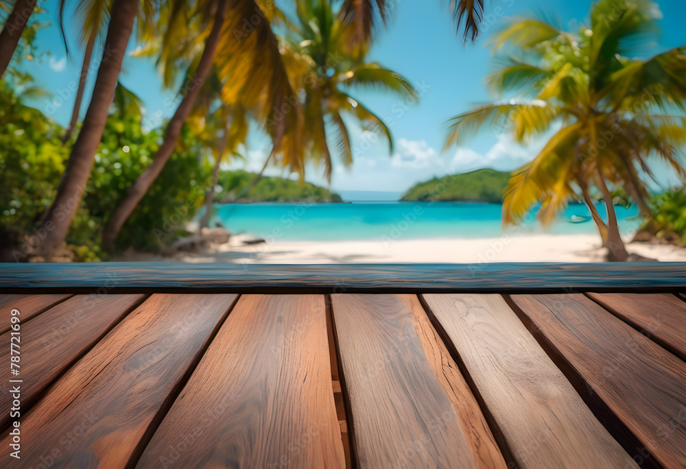 Wooden table overlooking a tropical beach with palm trees and clear blue water