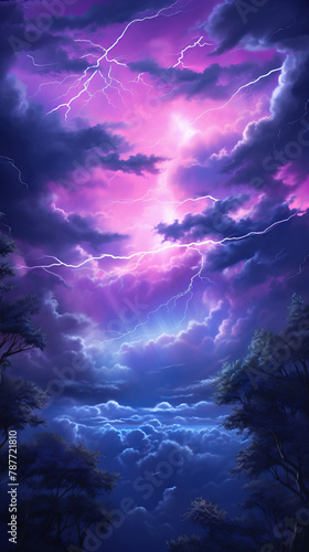 A painting of a stormy sky with purple clouds and a bright lightning bolt