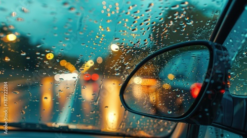 Rain shower on car windshield or car window and blurry road in background. Driving in rainy season. Rain drops on car mirror. Traffic road in evening rain. Drizzle raining decreases driving visibility