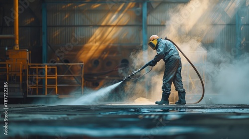 Sand blasting process, Industial worker using sand blasting process preparation cleaning surface on steel before painting in factory workshop.