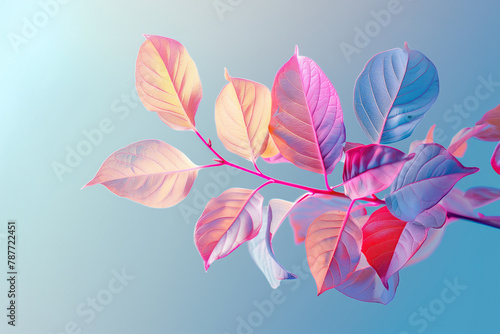 Vibrant Leaves in Gradient Hues Against a Soft pastel Blue Background, Generative ai