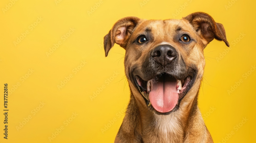Studio headshot portrait of fawn colored mixed breed dog looking forward and smiling with tongue out against yellow background