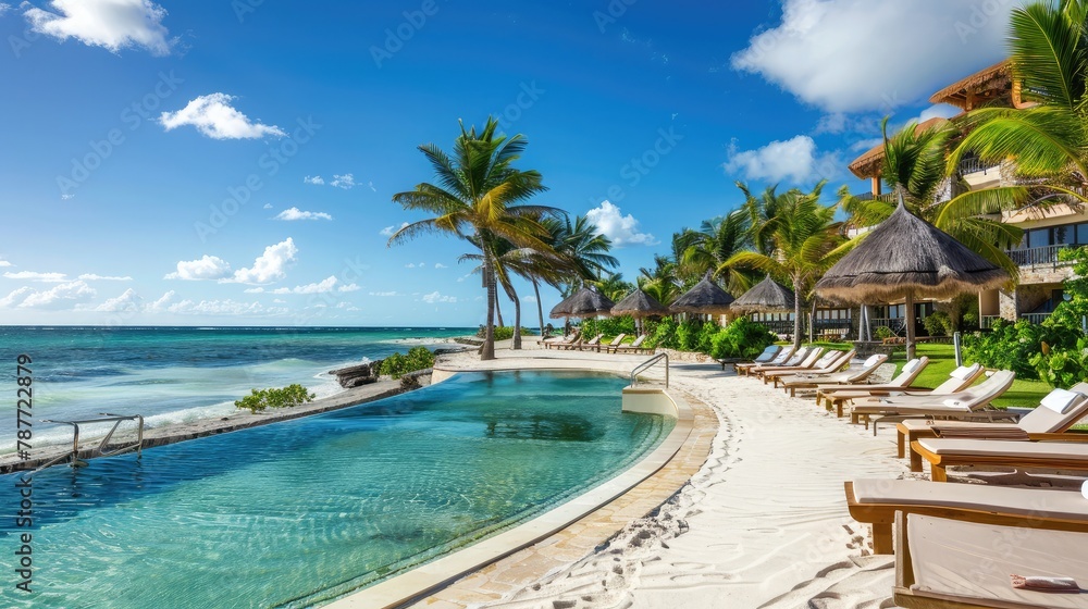 Fototapeta premium Stunning beachfront resort with pool, sunbeds, and palm trees on a warm, sunny day