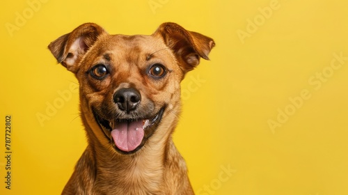 Studio headshot portrait of fawn colored mixed breed dog looking forward and smiling with tongue out against yellow background